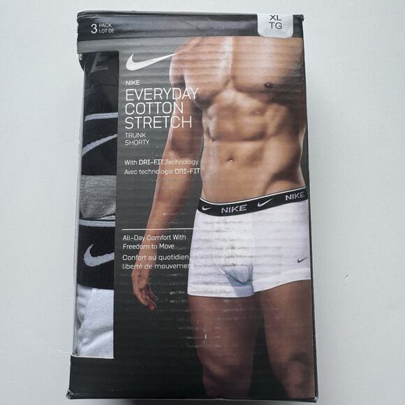 NEW 3 PACK MENS NIKE DRI FIT ESSENTIAL COTTON STRETCH TRUNK SIZE XL WIDE HEM - Picture 1 of 3